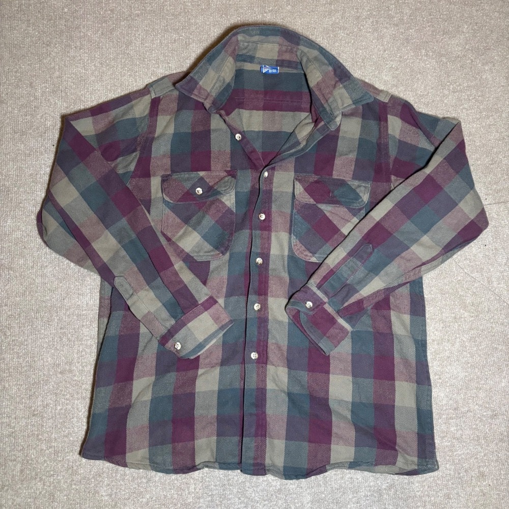 Vintage Mighty-Mac Tallman Plaid Flannel Shirt Mens 16-L Burgundy Grey Teal